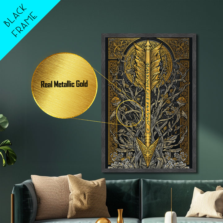 Metallic Gold Art Metal Art Viking Arrow Design Norse Mythology Decor, Nordic Office or Dad Gift framed in natural wood