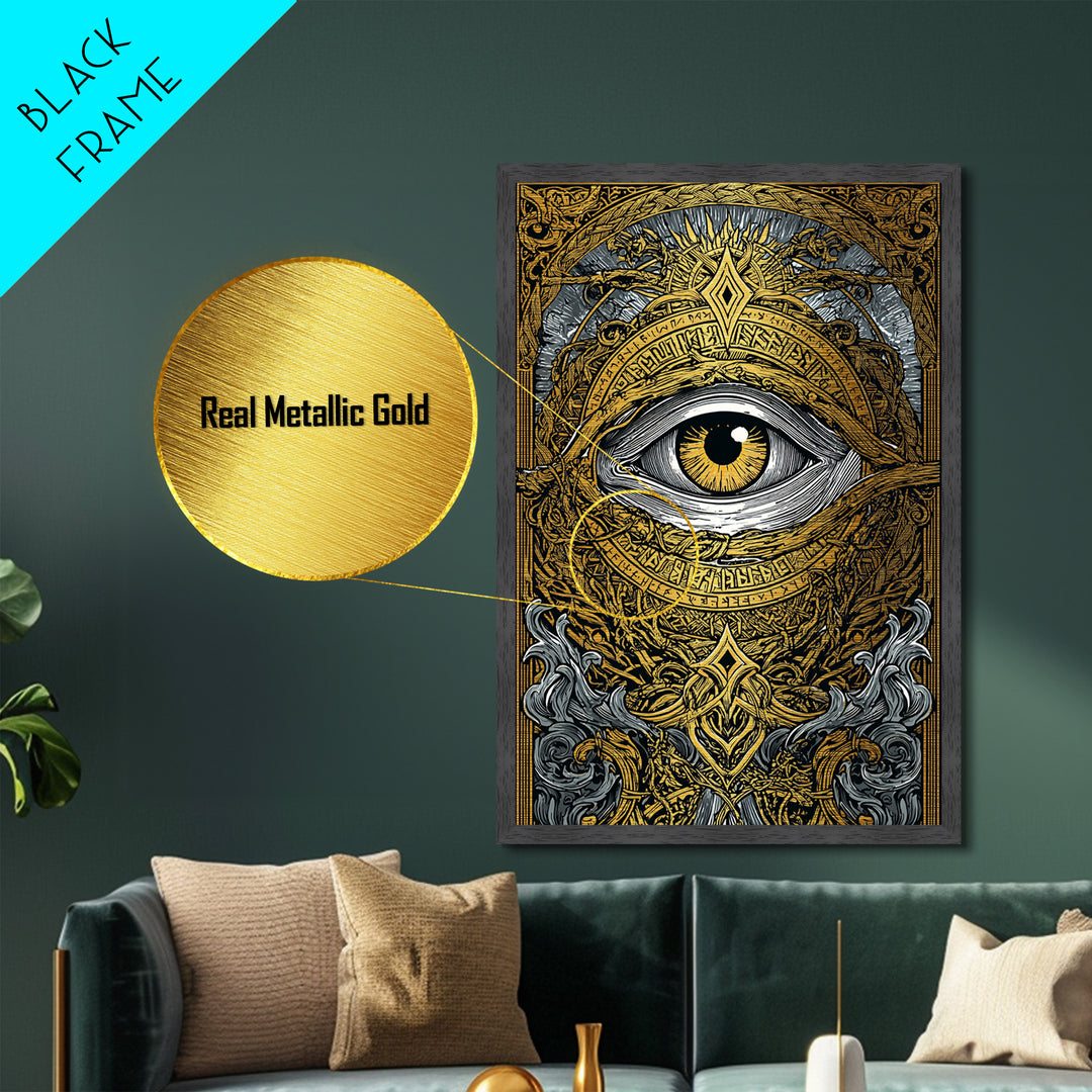 Norse All-Seeing Eye Metallic Gold Art Metal Art, Nordic Mythology Office or Man Cave Wall Decor framed in natural wood