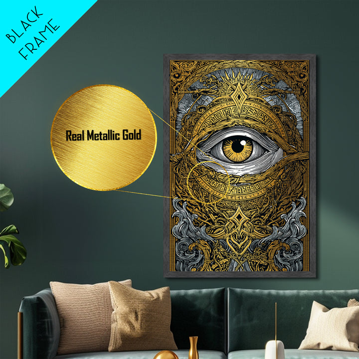 Norse All-Seeing Eye Metallic Gold Art Metal Art, Nordic Mythology Office or Man Cave Wall Decor framed in natural wood