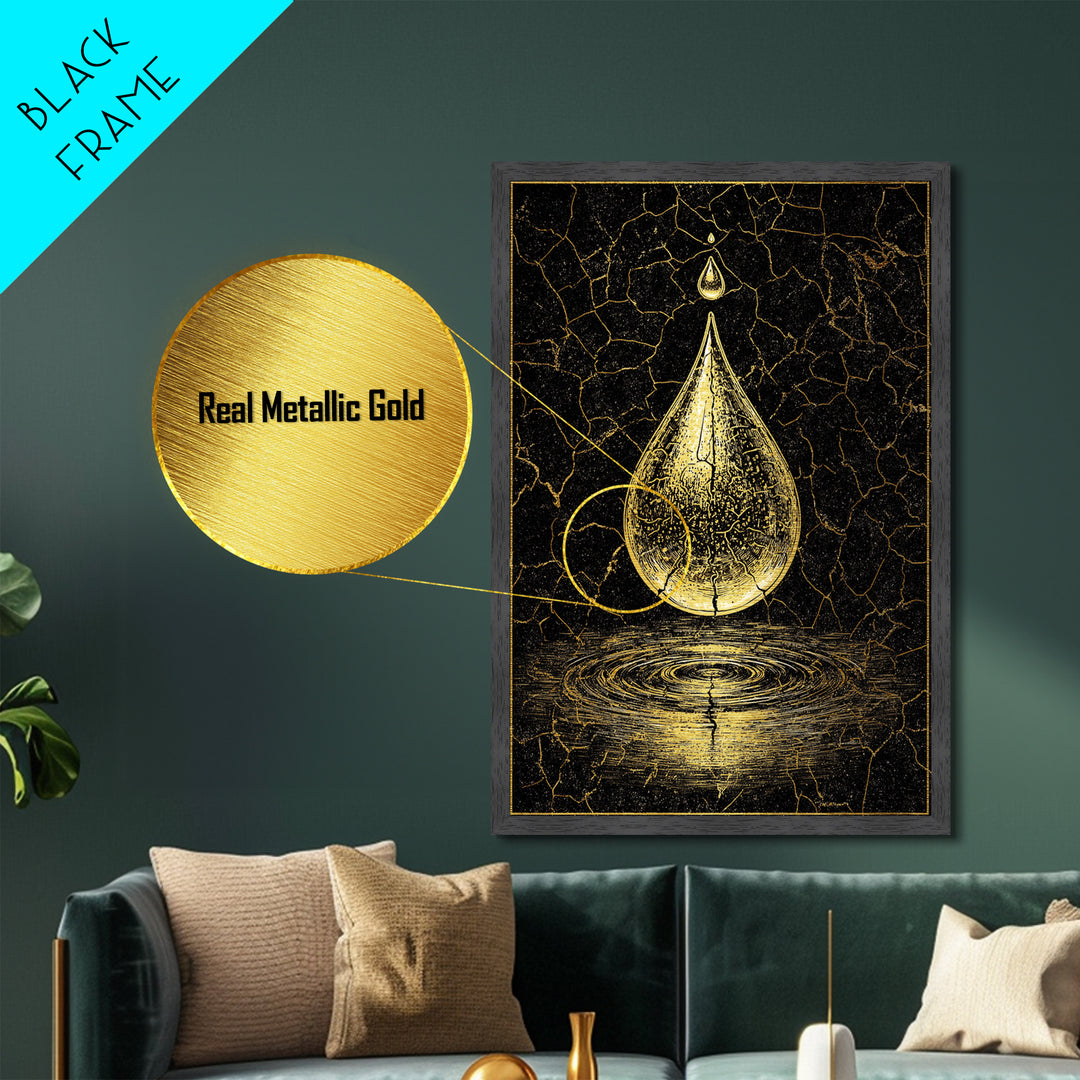 Metallic Gold Art Metal Art Norse Water Drop Symbol Nordic Mythology Office Wall Art for Men framed with real wood