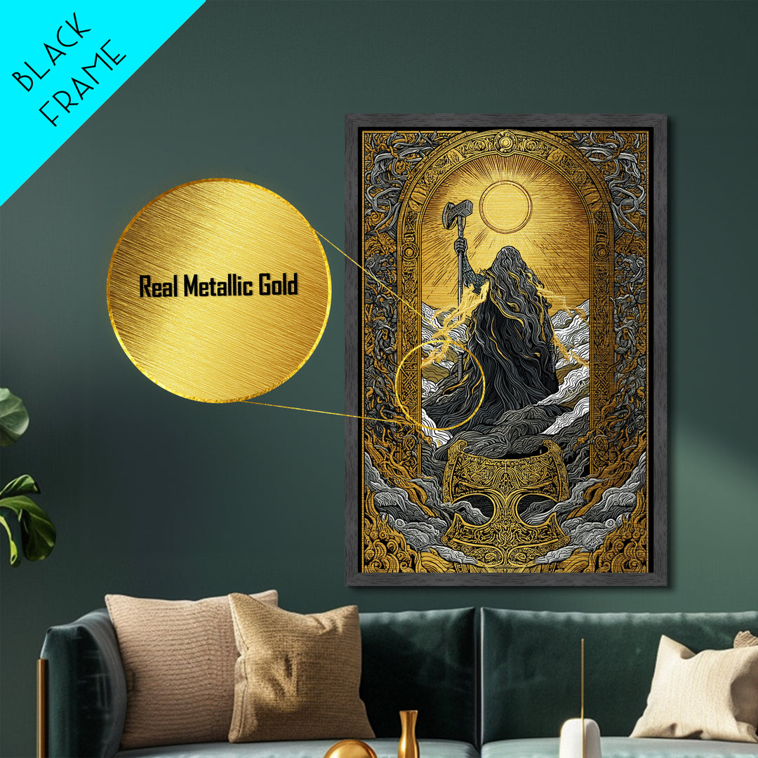Thor with Hammer Nordic God Metallic Gold Art Metal Art Norse Mythology Wall Art Office or Man Cave Decor in wood frame