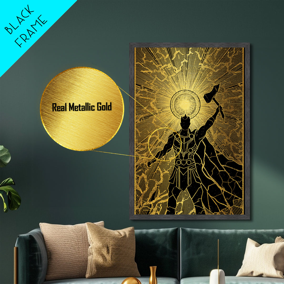 Norse God Thor Lightning Hammer Metallic Gold Art Metal Art Nordic Mythology Office Wall Art Man Cave framed in wood
