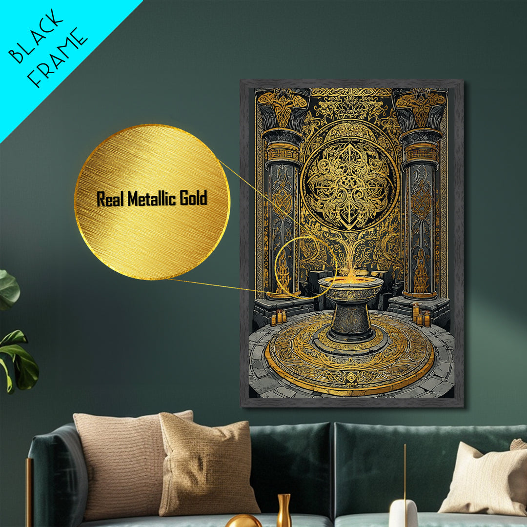 Norse Temple Sacred Flame Metallic Gold Art Metal Art Nordic Mythology Decor Office or Man Cave Wall Art real wood frame