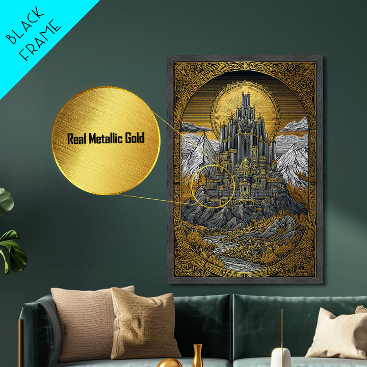 Asgard Castle Metallic Gold Art Metal Art Nordic Mythology Fortress Wall Art, Viking Inspired Office or Dad Gift framed in wood