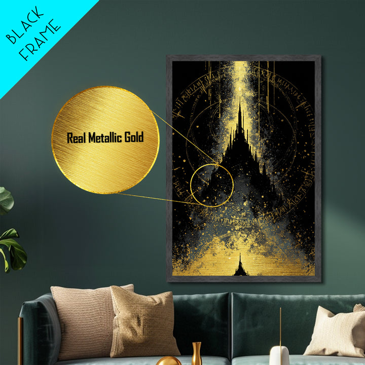 Mystical Asgard Silhouette Metallic Gold Art Metal Art Nordic Mythology Fantasy Castle Wall Decor, framed in natural wood style