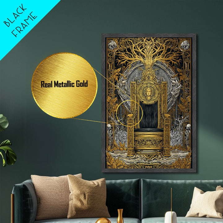 Nordic Throne Metallic Gold Art Metal Art Viking Mythology Wall Decor, Norse Royal Seat Wall Art framed in wood for Office Gift