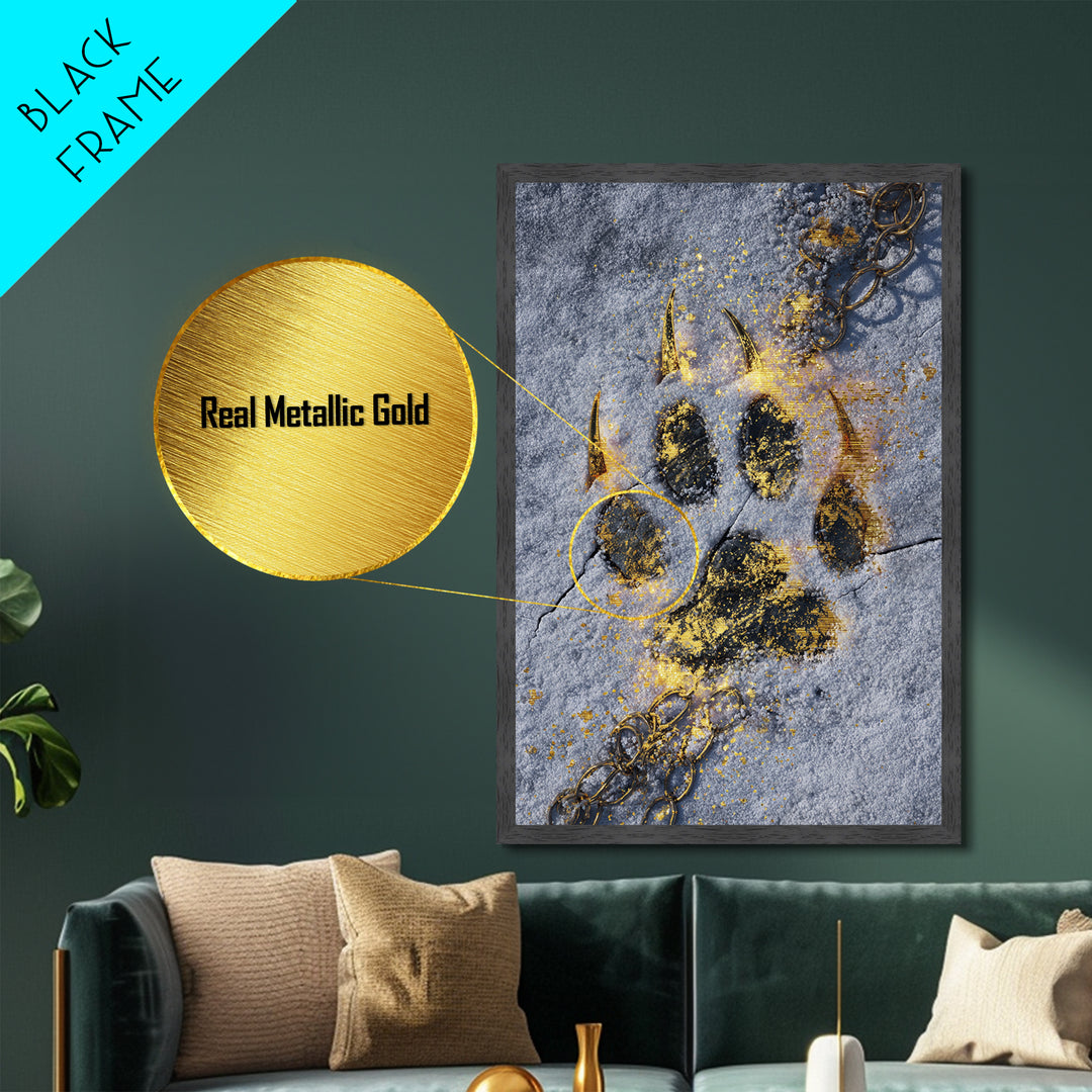 Fenrir’s Paw Print Metallic Gold Art Metal Art Norse Wolf Mythology Wall Decor, Viking Office Art framed with real wood for Men