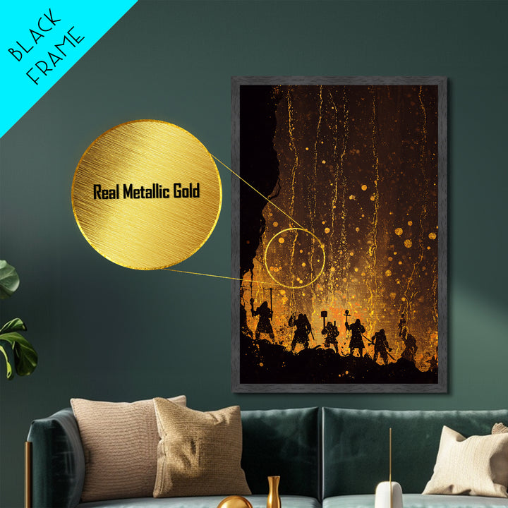 Norse Dwarves Warrior Silhouette Metallic Gold Art Metal Art Nordic Mythology Man Cave Wall Decor framed in natural wood