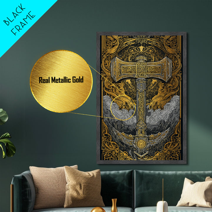 Thor’s Hammer Mjölnir Intricate Nordic Design Metallic Gold Art Metal Art Norse Mythology Man Cave Wall Art framed in oak