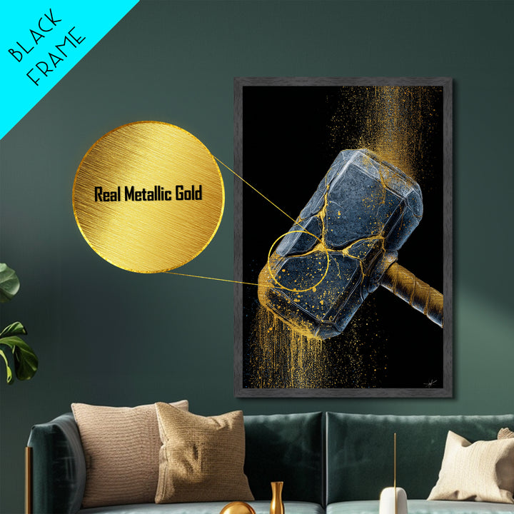 Norse Hammer Metallic Gold Art Metal Art Nordic Mythology Office Decor Dad Gift Modern Wall Hanging in handcrafted wood frame