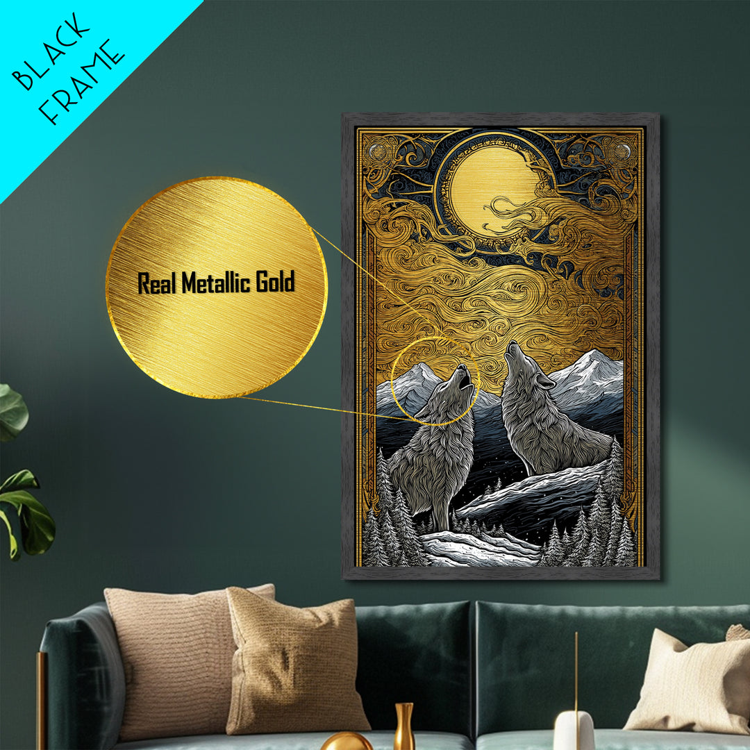 Skoll and Hati Wolves Chasing Sun Metallic Gold Art Metal Art Norse Mythology Nordic Wall Decor Office Art in wood frame