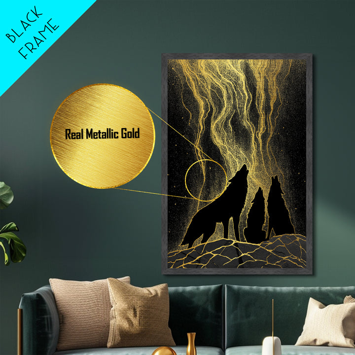 Howling Wolves Under Golden Sky Metallic Gold Art Metal Art Norse Mythology Nordic Decor Man Cave or Office framed in solid wood