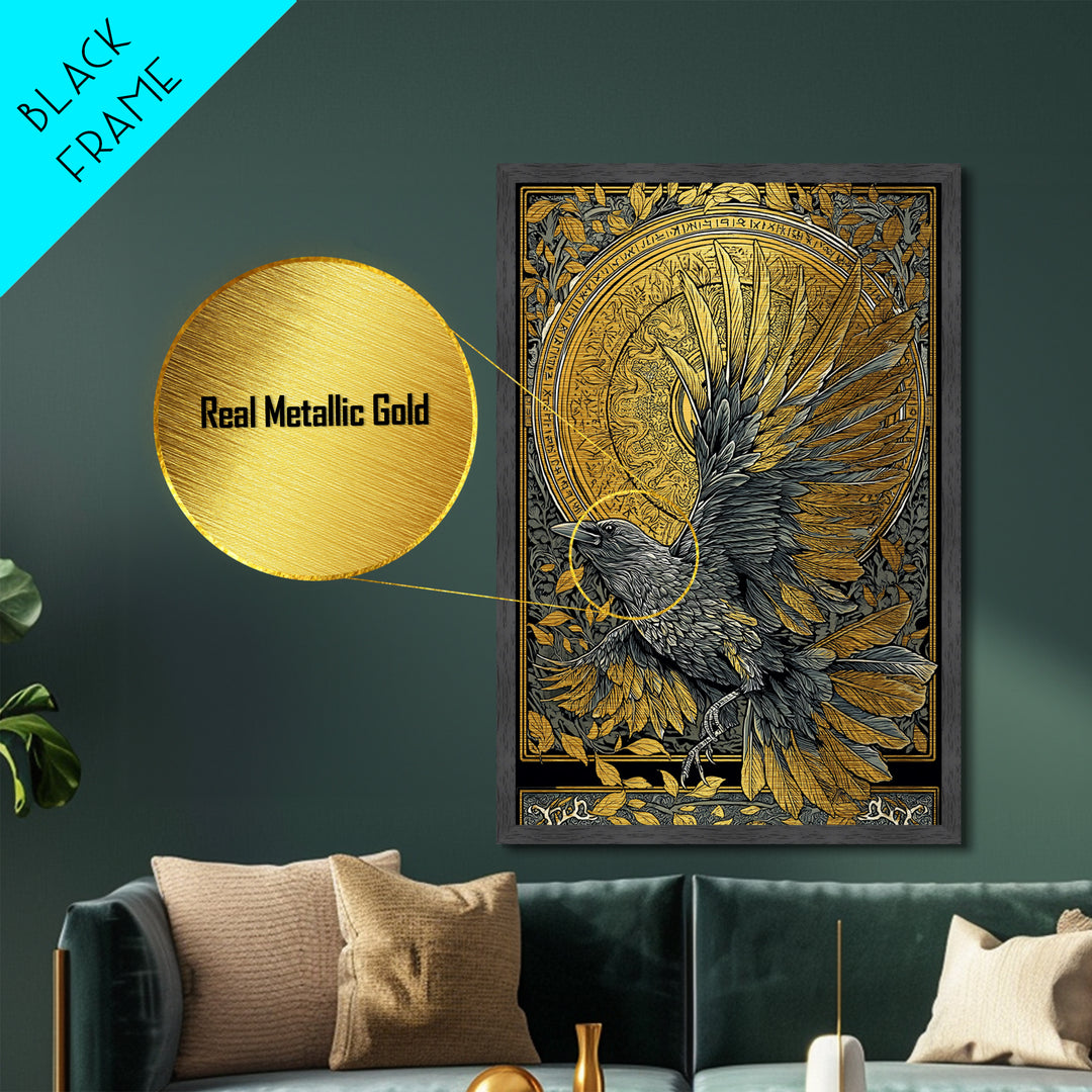 Muninn Raven Metallic Gold Art Metal Art Norse Mythology Nordic Wall Hanging Man Cave Office Decor in real wood frame