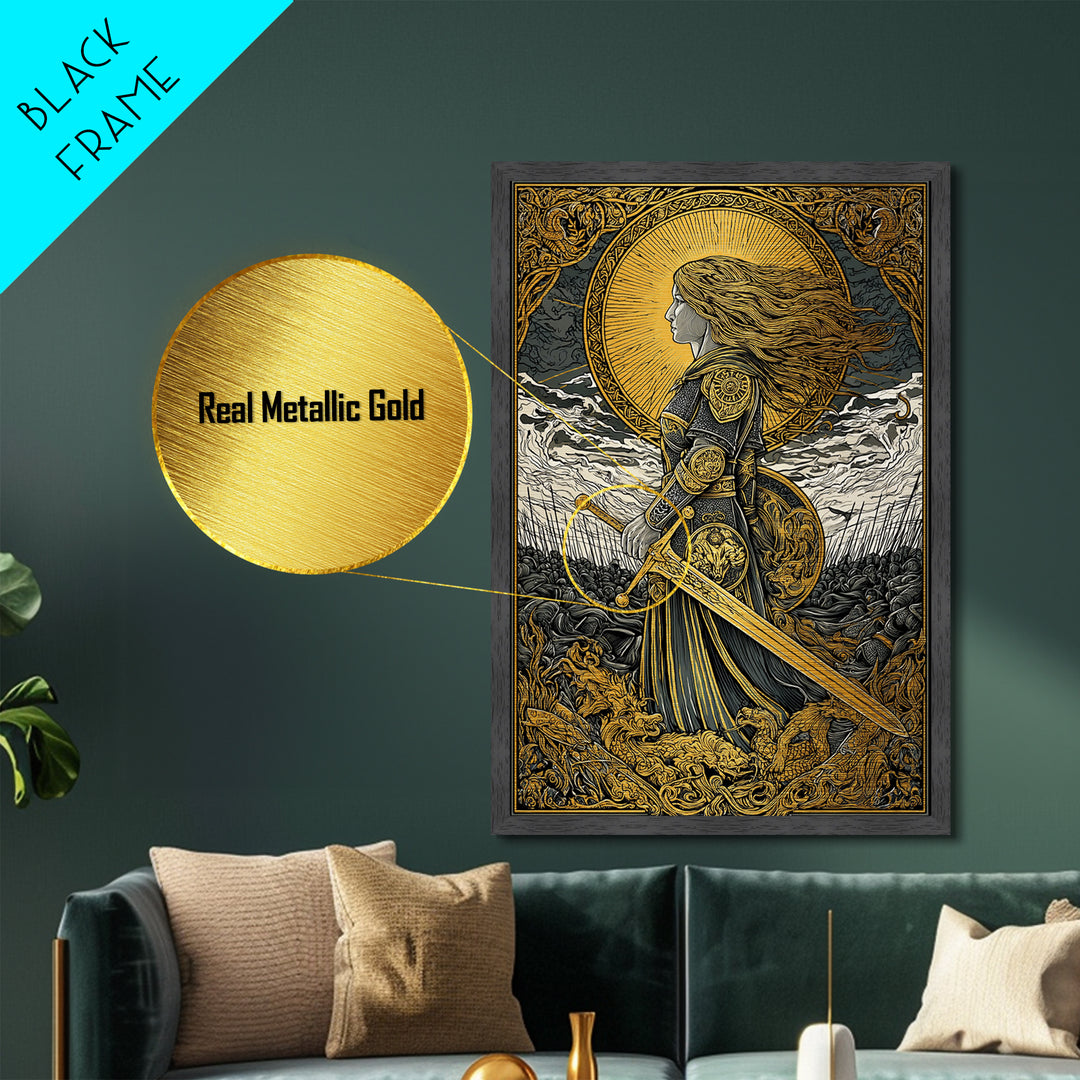 Valkyrie Warrior Metallic Gold Art Metal Art – Norse Mythology Wall Decor, Office or Man Cave Gift, framed in natural wood
