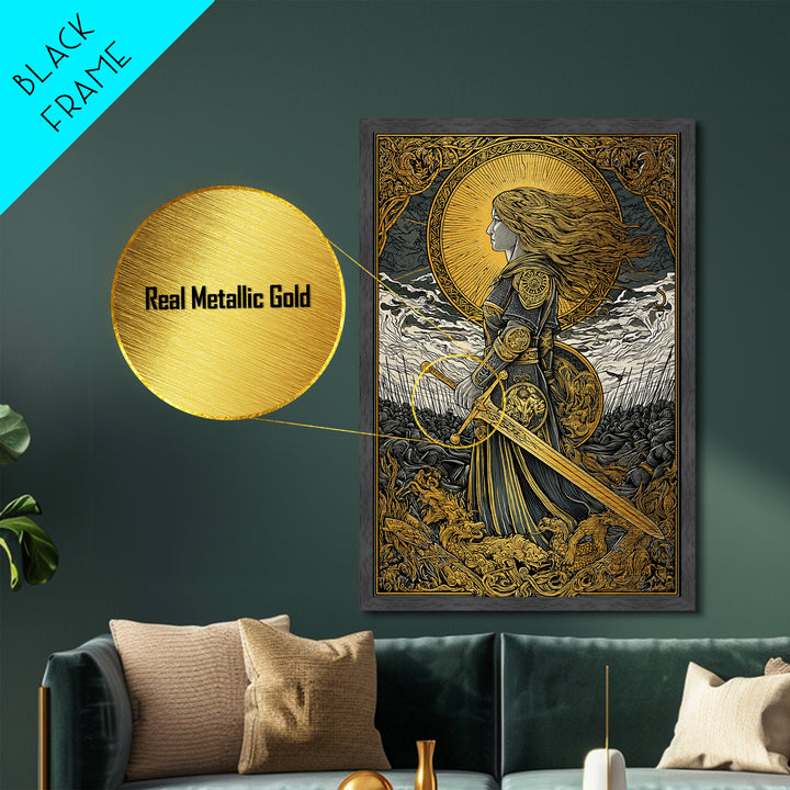 Valkyrie Warrior Metallic Gold Art Metal Art – Norse Mythology Wall Decor, Office or Man Cave Gift, framed in natural wood