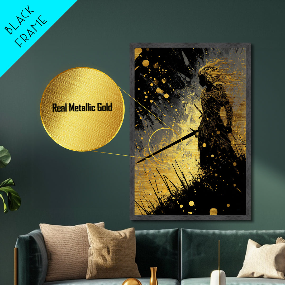 Nordic Warrior Silhouette Metallic Gold Art Metal Art – Viking Mythology Wall Art for Dad Gift or Office, in real wood frame