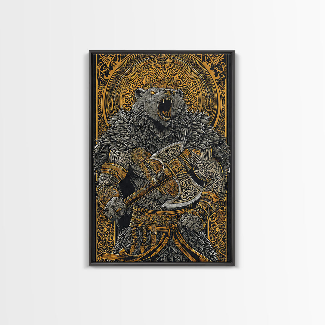 Nordic Bear Warrior Canvas Gold Art Canvas Art | Viking Mythology Wall Decor for Office or Man Cave | Framed in Natural Wood