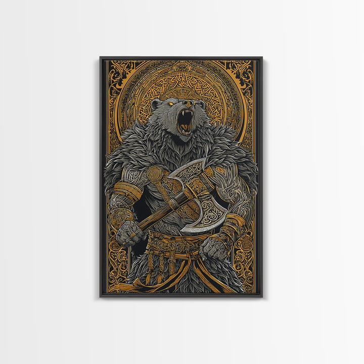 Nordic Bear Warrior Canvas Gold Art Canvas Art | Viking Mythology Wall Decor for Office or Man Cave | Framed in Natural Wood