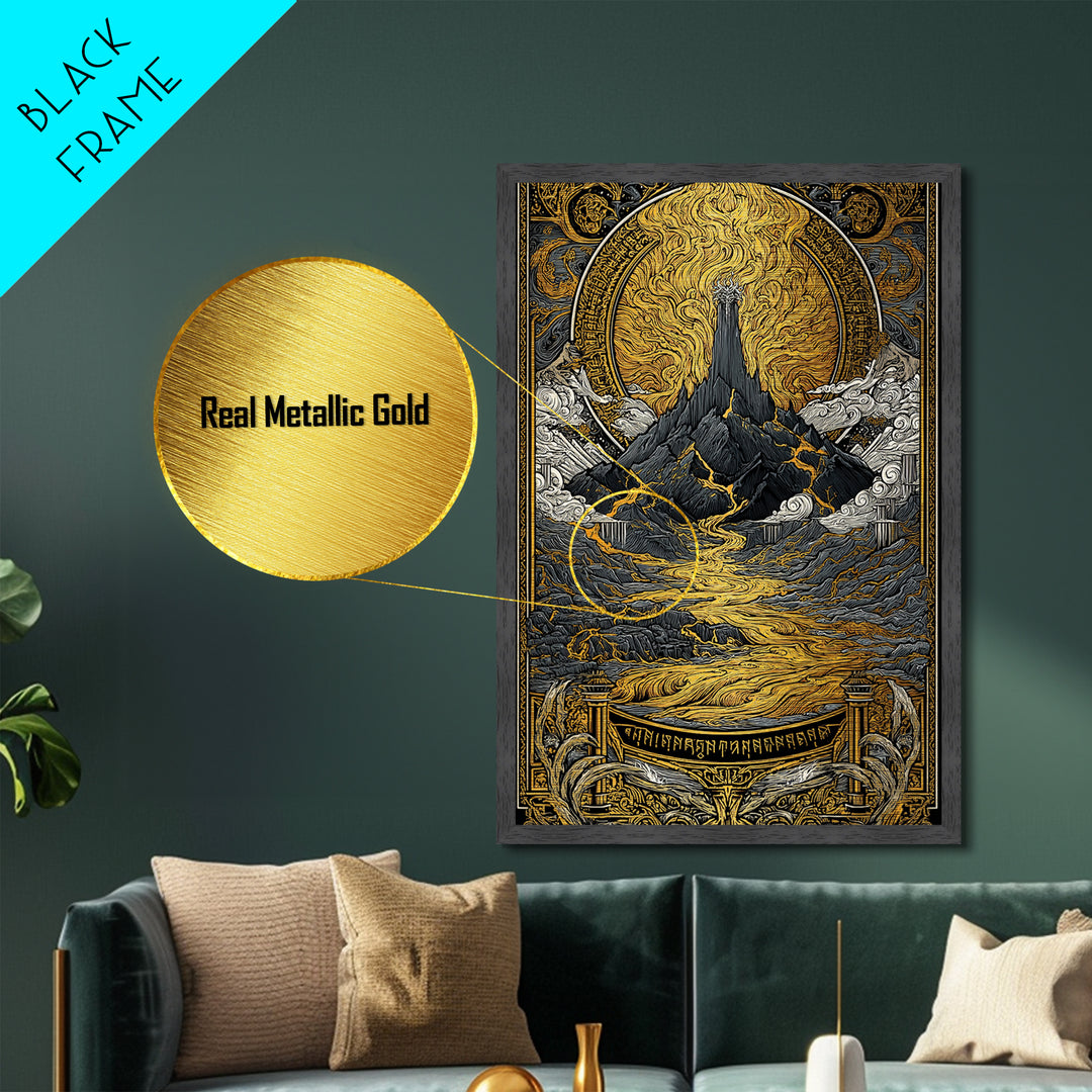 Muspelheim Fire Mountain Metallic Gold Art Metal Art | Viking Mythology Lava Landscape Wall Art | Natural Wood Frame Included