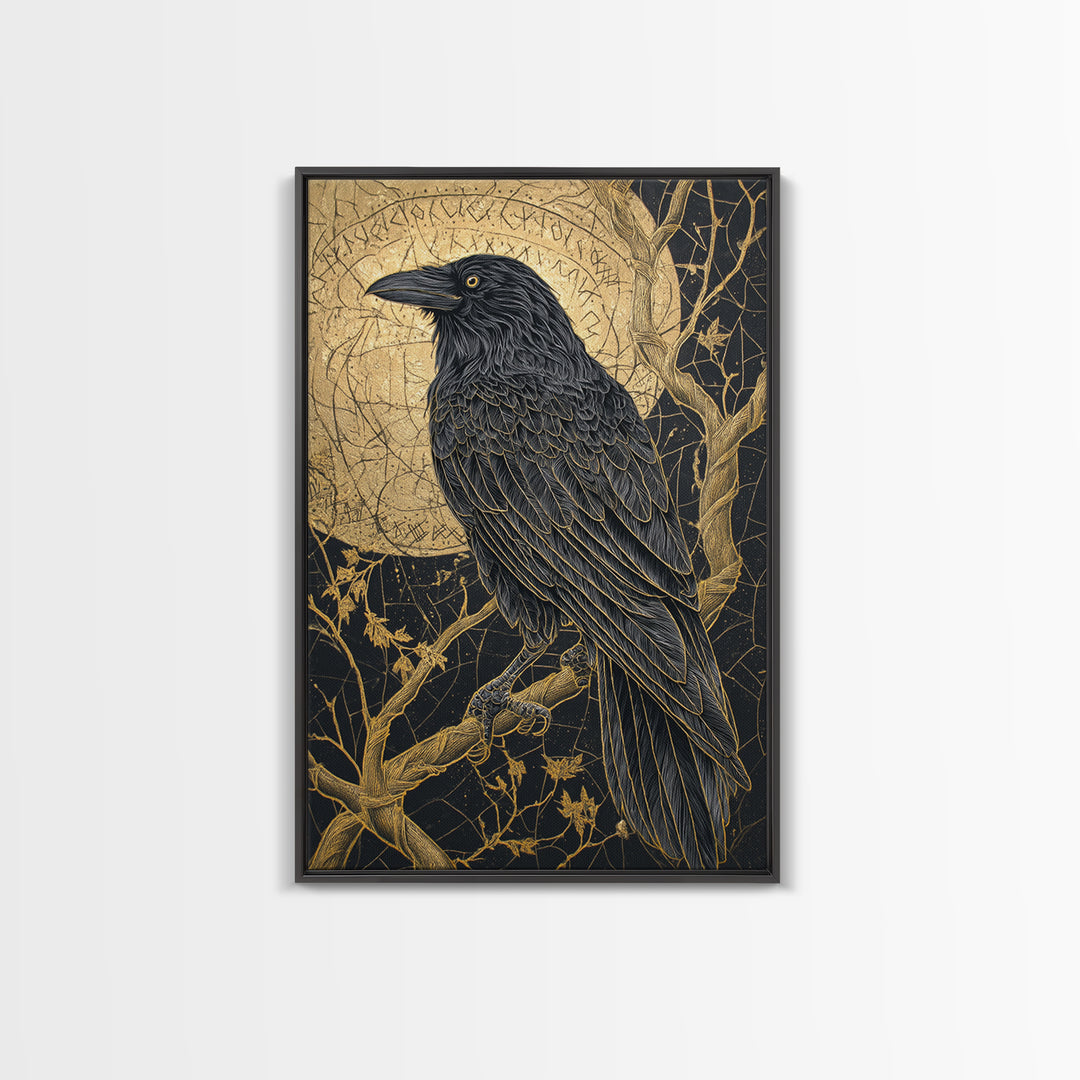 Odin’s Raven Canvas Gold Art Canvas Art | Norse Mythology Bird Symbol Wall Decor for Office or Dad Gift | Set in Real Wood Frame