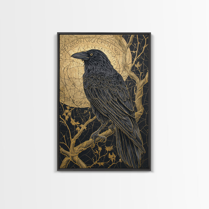 Odin’s Raven Canvas Gold Art Canvas Art | Norse Mythology Bird Symbol Wall Decor for Office or Dad Gift | Set in Real Wood Frame