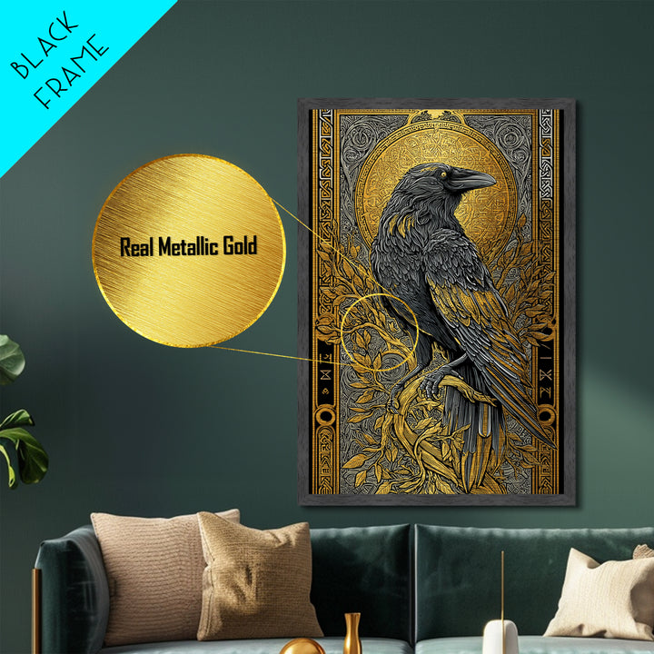 Hugin Raven Metallic Gold Art Metal Art | Viking Odin Symbol Norse Mythology Decor | Man Cave Wall Art | Framed in Solid Wood