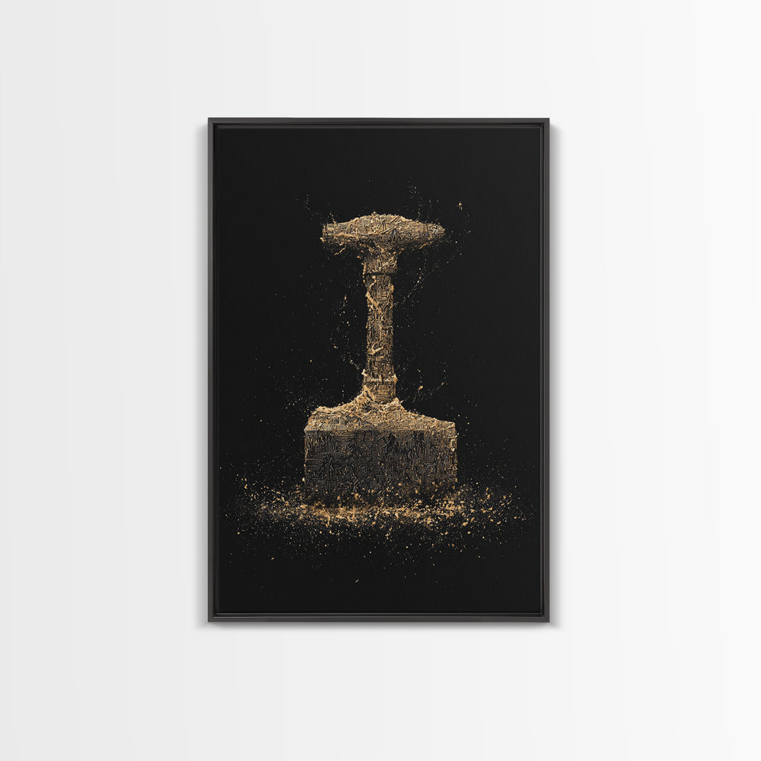 Thor’s Hammer Canvas Gold Art Canvas Art | Norse Mythology Mjölnir Wall Decor Pagan Viking Symbol | Mounted with Real Wood Frame