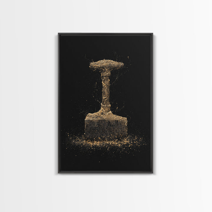 Thor’s Hammer Canvas Gold Art Canvas Art | Norse Mythology Mjölnir Wall Decor Pagan Viking Symbol | Mounted with Real Wood Frame