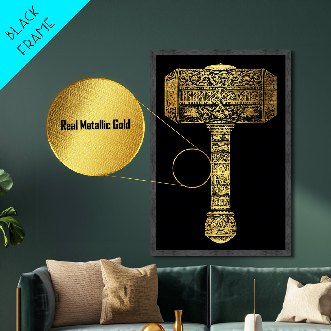 Viking Mjölnir Hammer Metallic Gold Art Metal Art | Nordic Mythology Pagan Symbol Wall Art Dad Gift | Office Decor in Wood Frame
