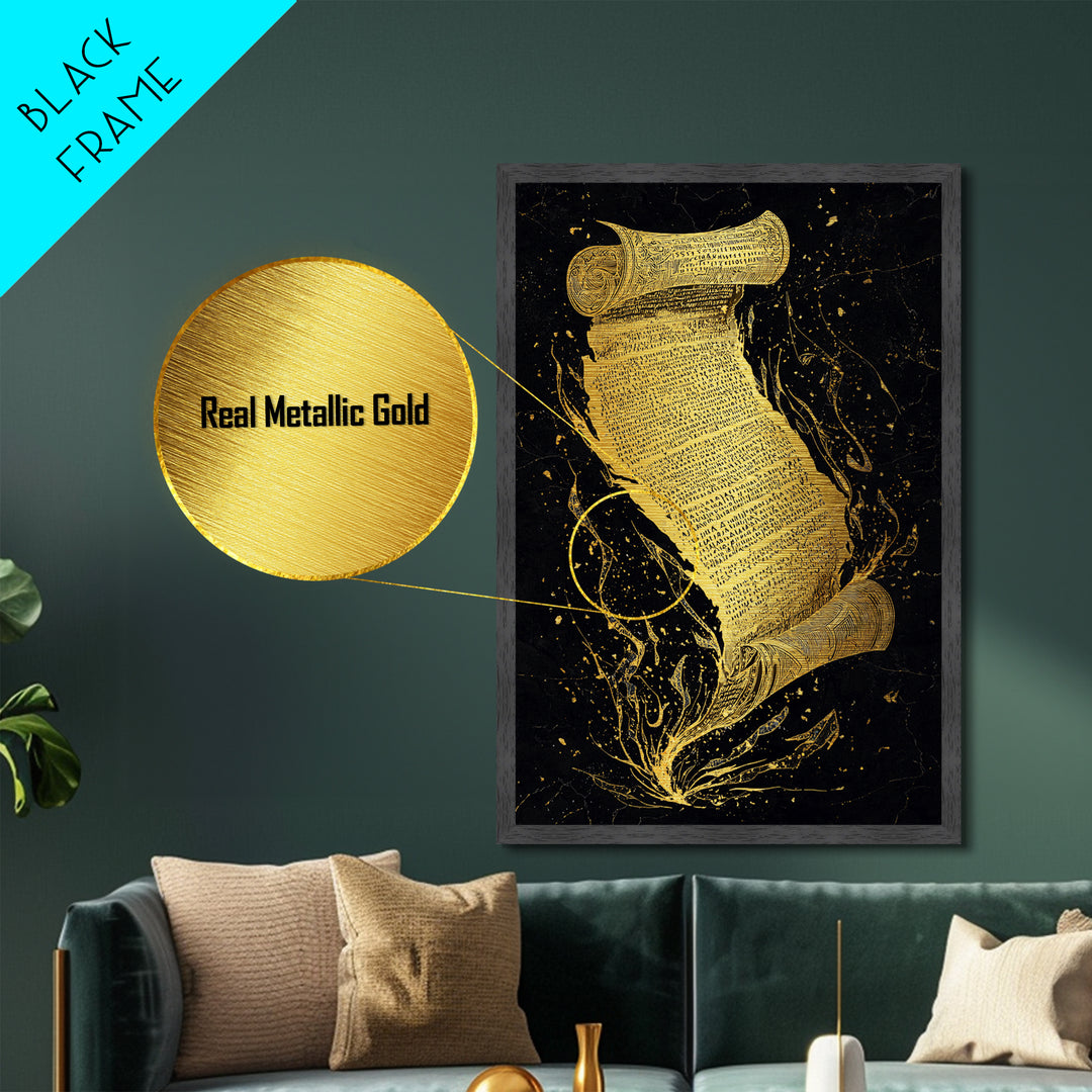 Runestone Scroll Metallic Gold Art Metal Art | Nordic Mythology Rune Wall Art Viking Pagan Decor | Natural Wood Frame Man Cave Art