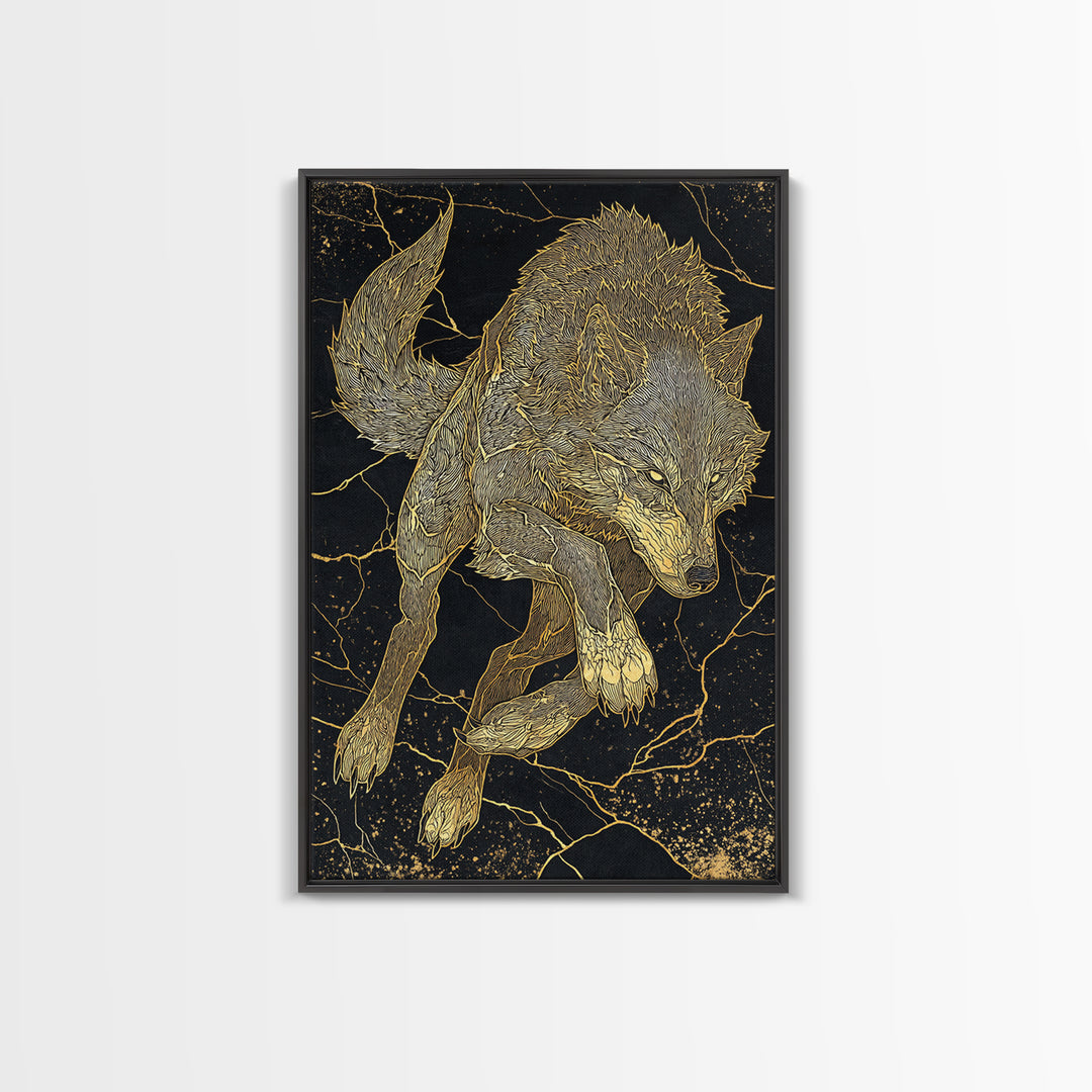 Fenrir Wolf Canvas Gold Art Canvas Art | Norse Mythology Beast Wall Art for Office Decor or Dad Gift | Framed in Real Wood