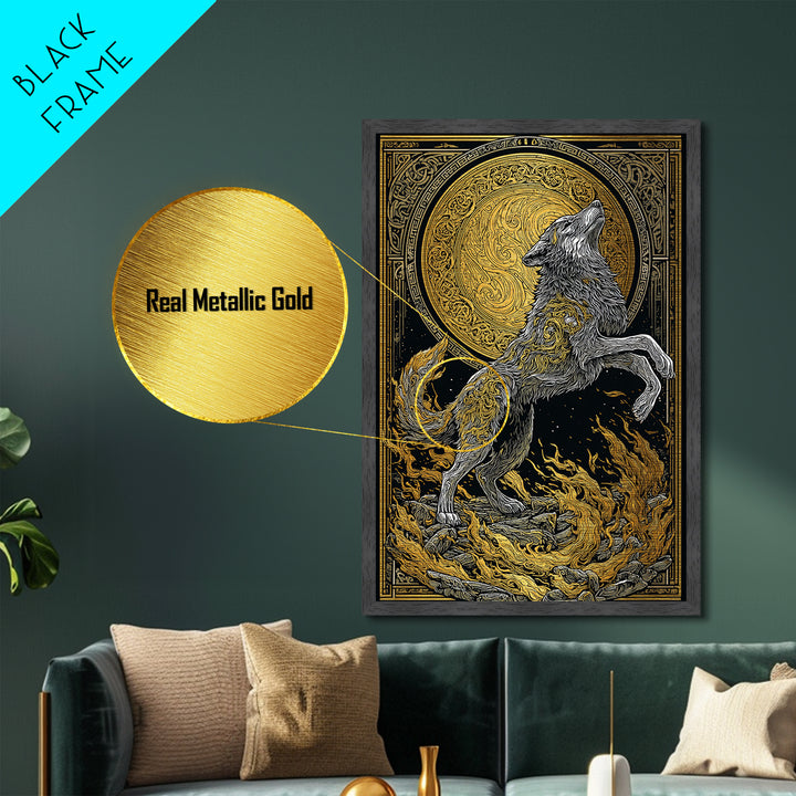 Mythic Wolf Spirit Metallic Gold Art Metal Art | Norse Viking Wall Art Pagan Symbol Decor for Man Cave | Set with Natural Wood Frame