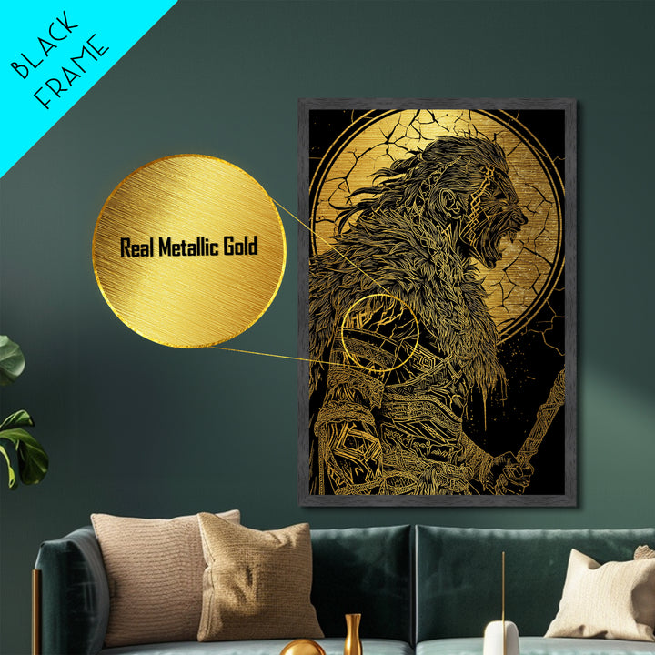 Fierce Viking Berserker Metallic Gold Art Metal Art | Norse Mythology Warrior Wall Art Dad Gift | Mounted with Real Wood Frame
