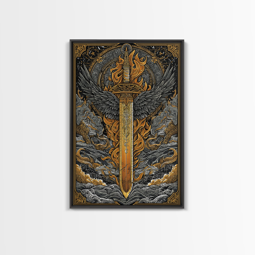 Valkyrie Sword Canvas Gold Art Canvas Art | Norse Mythology Weapon Wall Decor Viking Warrior Art | Mounted in Solid Wood Frame