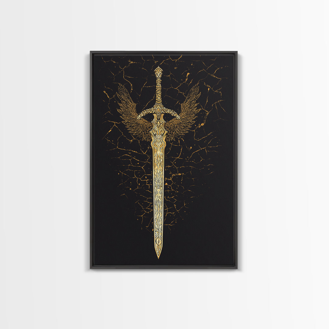 Winged Viking Sword Canvas Gold Art Canvas Art | Norse Mythology Weapon Wall Decor for Man Cave or Office | Framed in Real Wood