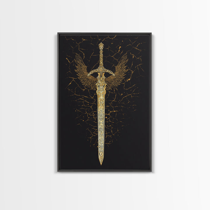 Winged Viking Sword Canvas Gold Art Canvas Art | Norse Mythology Weapon Wall Decor for Man Cave or Office | Framed in Real Wood