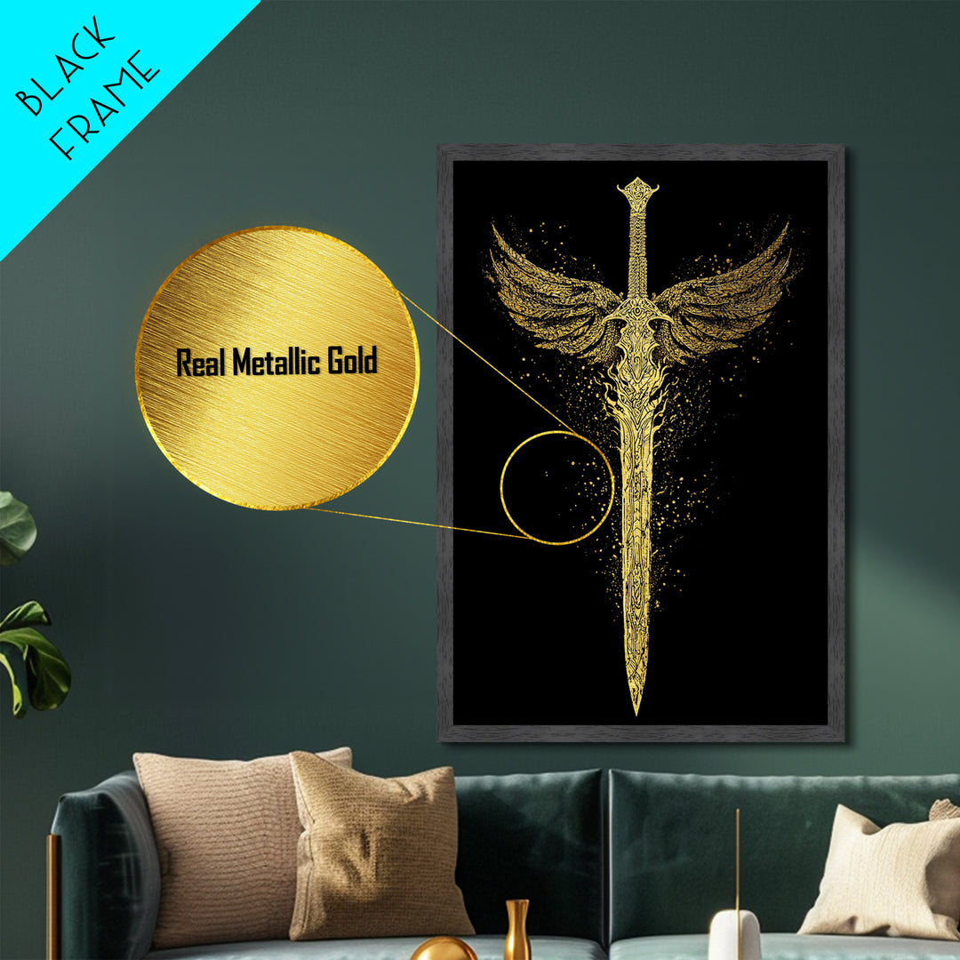 Norse Angelic Sword Metallic Gold Art Metal Art | Viking Warrior Weapon Wall Art Dad Gift | Mounted with Solid Natural Wood Frame