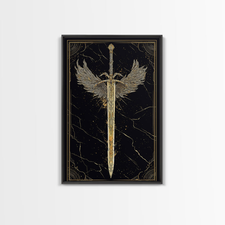 Winged Blade Canvas Gold Art Canvas Art | Norse Mythology Sword Wall Art Pagan Decor Dad Gift | Natural Wood Frame for Office