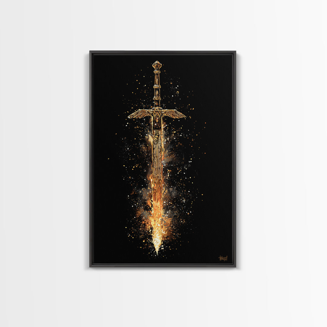 Fiery Sword of the Gods Canvas Gold Art Canvas Art | Viking Weapon Wall Decor Norse Mythology Art | Framed in Authentic Wood