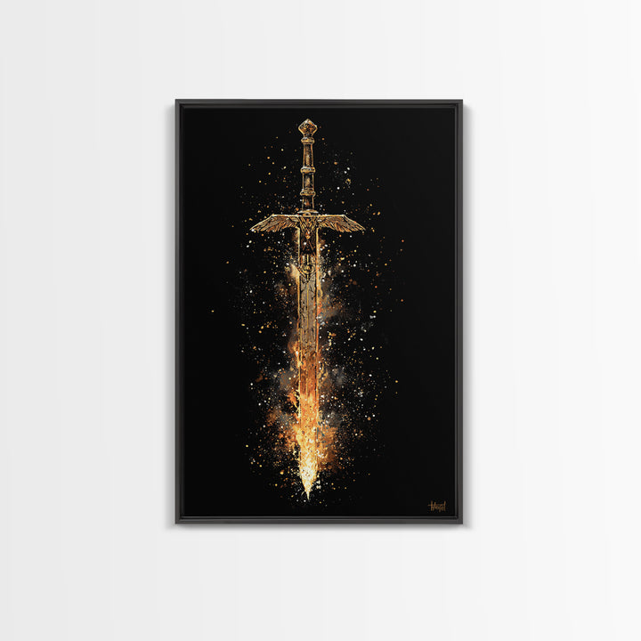 Fiery Sword of the Gods Canvas Gold Art Canvas Art | Viking Weapon Wall Decor Norse Mythology Art | Framed in Authentic Wood