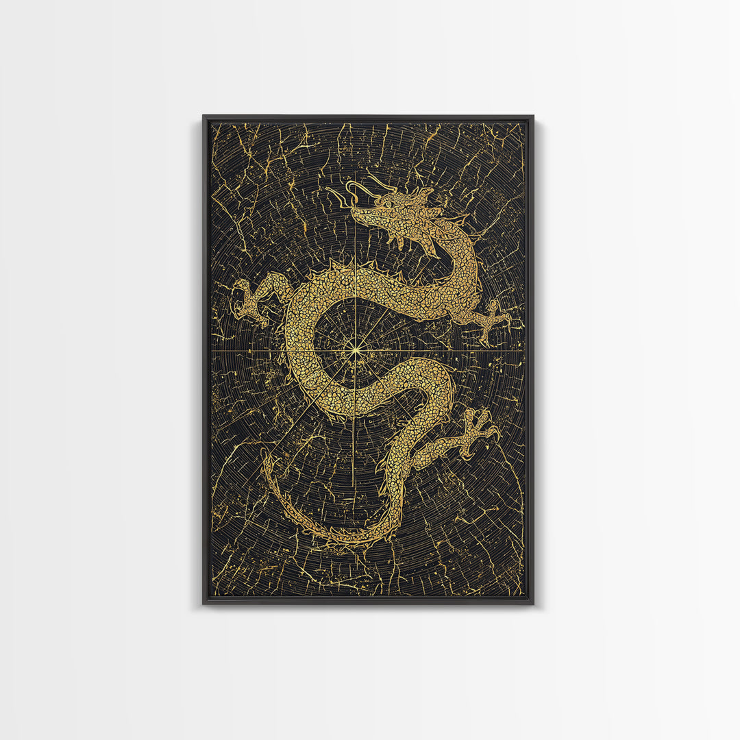 Dragon of Midgard Canvas Gold Art Canvas Art | Norse Mythology Serpent Jormungandr Wall Decor | Office Art with Real Wood Frame