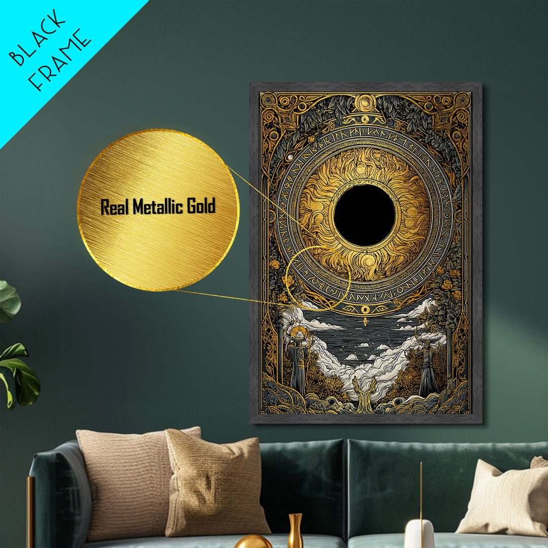 Solar Eclipse Nordic Metallic Gold Art Metal Art | Viking Pagan Wall Decor Mythology Office Art | Mounted in Solid Natural Wood