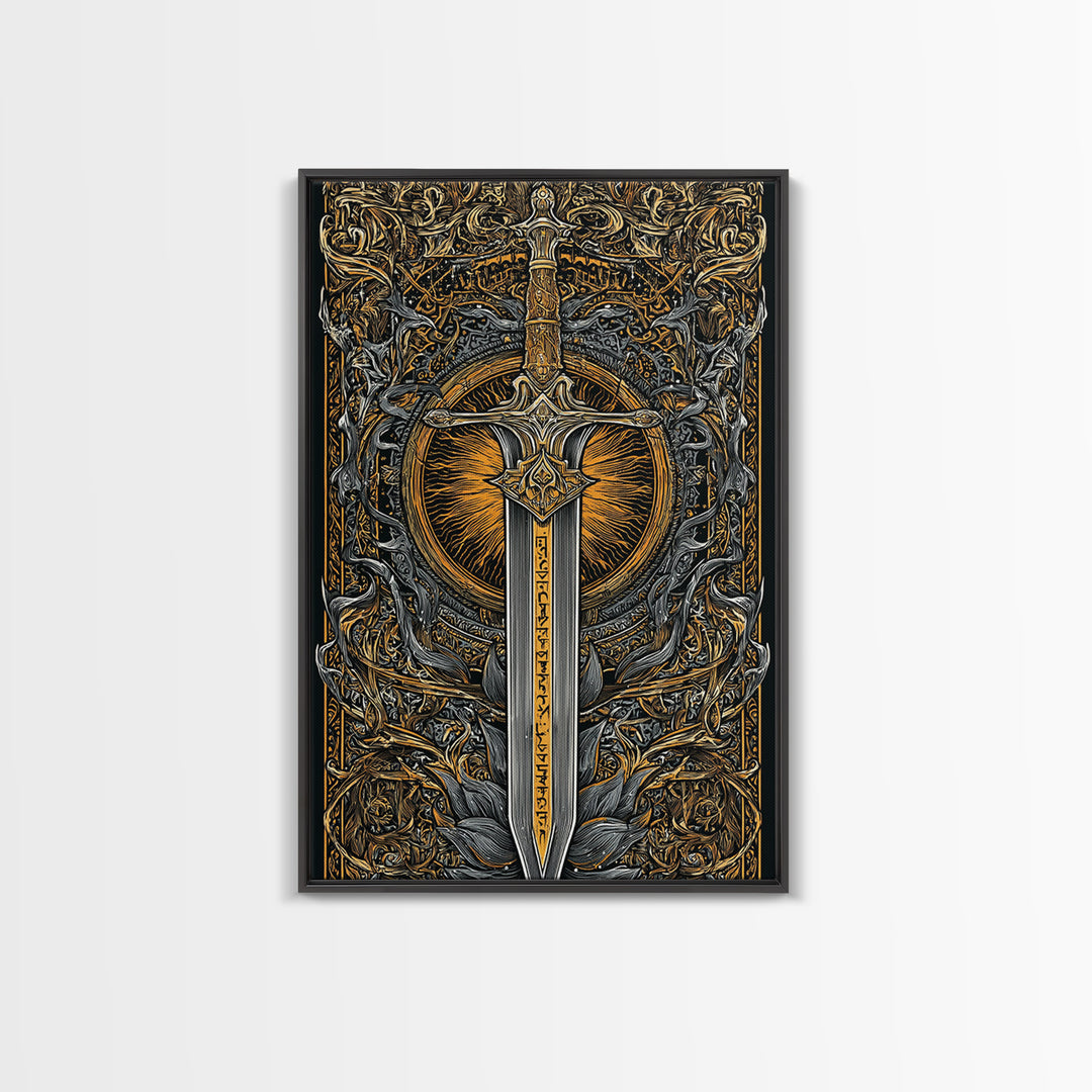 Sword of Asgard Canvas Gold Art Canvas Art | Norse Mythology Warrior Weapon Wall Decor for Dad Gift | Framed with Real Wood