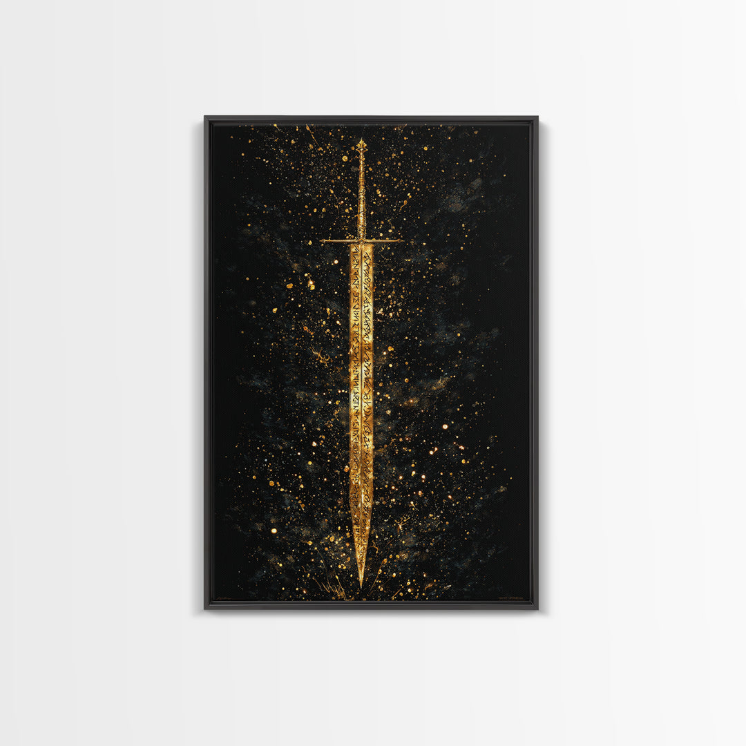 Runic Viking Sword Canvas Gold Art Canvas Art | Norse Mythology Weapon Wall Art Pagan Symbol Decor | Natural Wood Frame Included