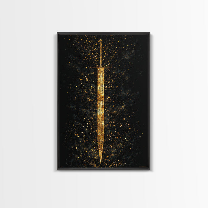 Runic Viking Sword Canvas Gold Art Canvas Art | Norse Mythology Weapon Wall Art Pagan Symbol Decor | Natural Wood Frame Included