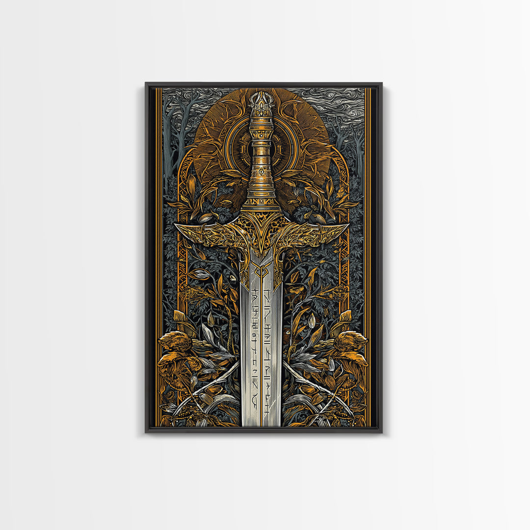 Nordic Forest Sword Canvas Gold Art Canvas Art | Viking Mythology Decor Pagan Warrior Weapon Wall Art | Mounted with Wood Frame