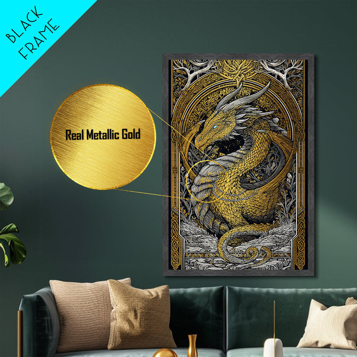 Nordic Dragon Metallic Gold Art Metal Art | Viking Mythology Wall Decor for Dad Gift or Office Art | With Natural Wood Frame