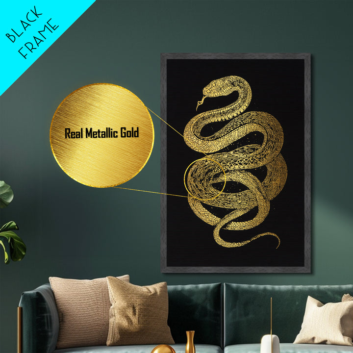 Jormungandr Serpent Metallic Gold Art Metal Art | Viking Snake Norse Mythology Wall Art for Office or Man Cave | Framed in Wood