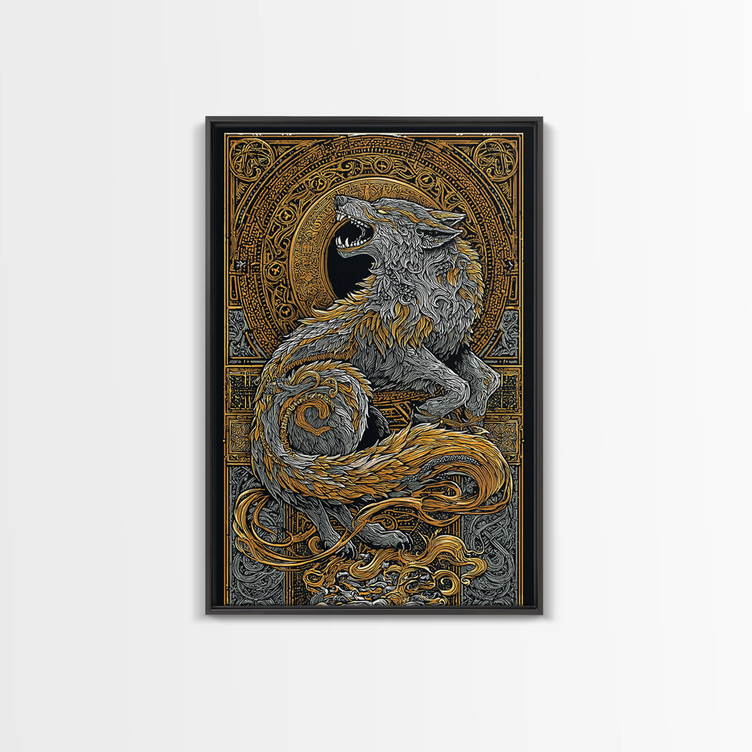 Fenrir Wolf Canvas Gold Art Canvas Art | Norse Mythology Viking Wolf Wall Decor for Dad Gift or Office Art | Real Wood Frame