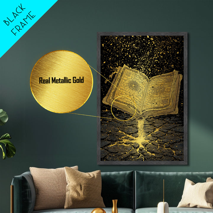 Nordic Spellbook Metallic Gold Art Metal Art | Viking Runes Mythology Wall Decor for Man Cave or Office | Framed with Wood